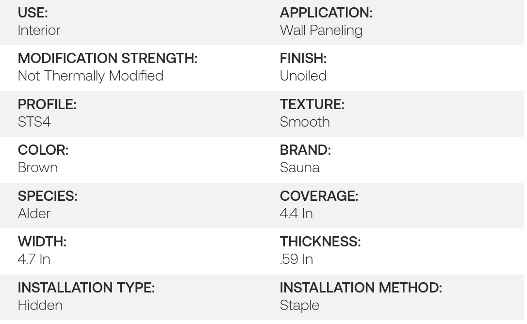 Natural Alder Sauna 1X5 Wall Paneling